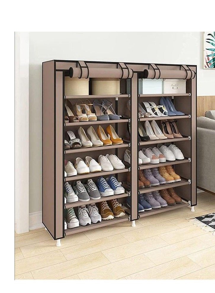 Generic Household Large-Capacity Assembly Shoe Cabinet Storage Cabinet Double Row 6-Layer Non-Woven Shoe Cabinet Thickened Dust-Proof Roller Shutter Storage Cabinet Coffee  - Image 3