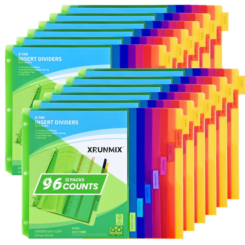 XRUNMIX 8-Tab Binder Dividers - Index Pockets Divider for 3 Ring Binders, 3-Hole Plastics Sheets Protectors for US Letter Size in 0.5'', 1'', 2'', 3 inch Binders, 8 Colors (XY004) (12 Packs) - Image 1