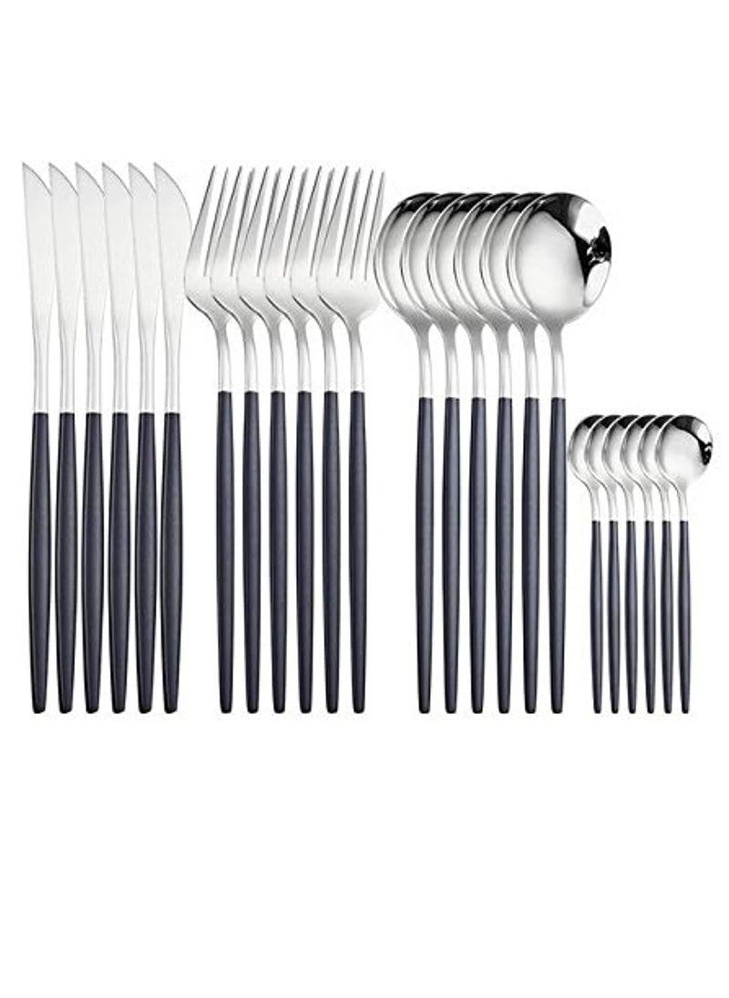 MahMir MahMir® 24Piece Stainless Steel Flatware Set Service For 6 Mirror Polished Pink Handle Tableware Cutlery Set Knife Fork And Spoon For Home & Restaurant, Dishwasher Safe Silver Black  - Image 1