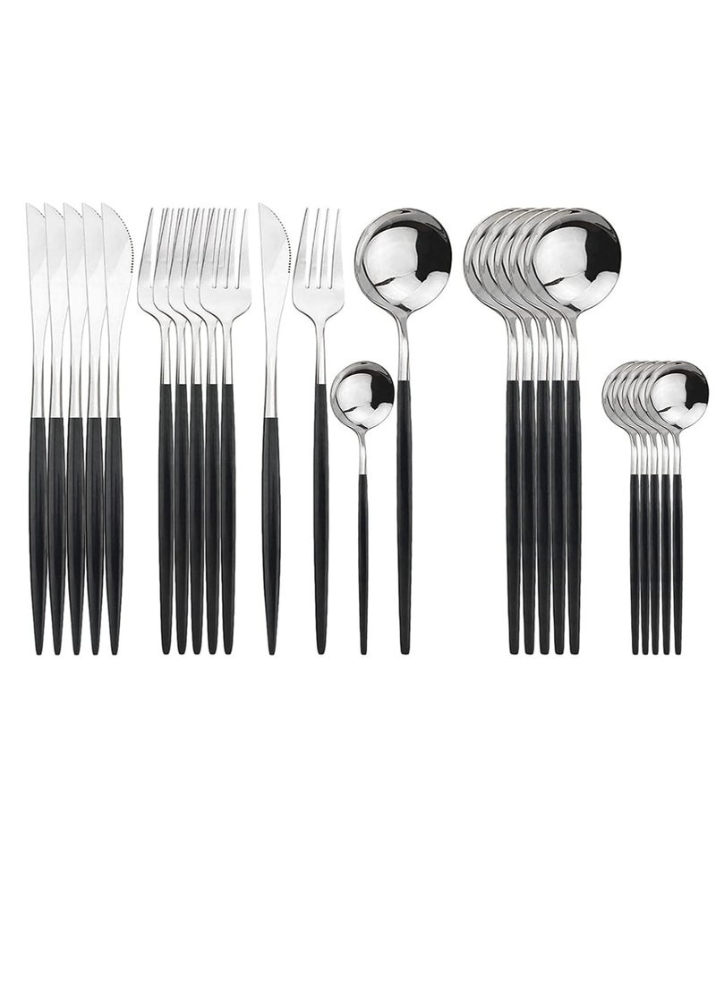 MahMir MahMir® 24Piece Stainless Steel Flatware Set Service For 6 Mirror Polished Pink Handle Tableware Cutlery Set Knife Fork And Spoon For Home & Restaurant, Dishwasher Safe Silver Black  - Image 2