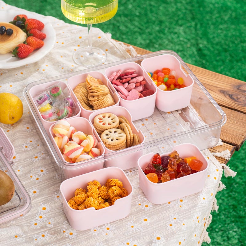 WACOI Divided Snack Serving Tray with Lid and Handle Travel Snackle Charcuterie Container Portable Storage Organizer for Candy, Fruits, Nuts, Snacks, Party, Picnic (1pack, Pink) - Image 4