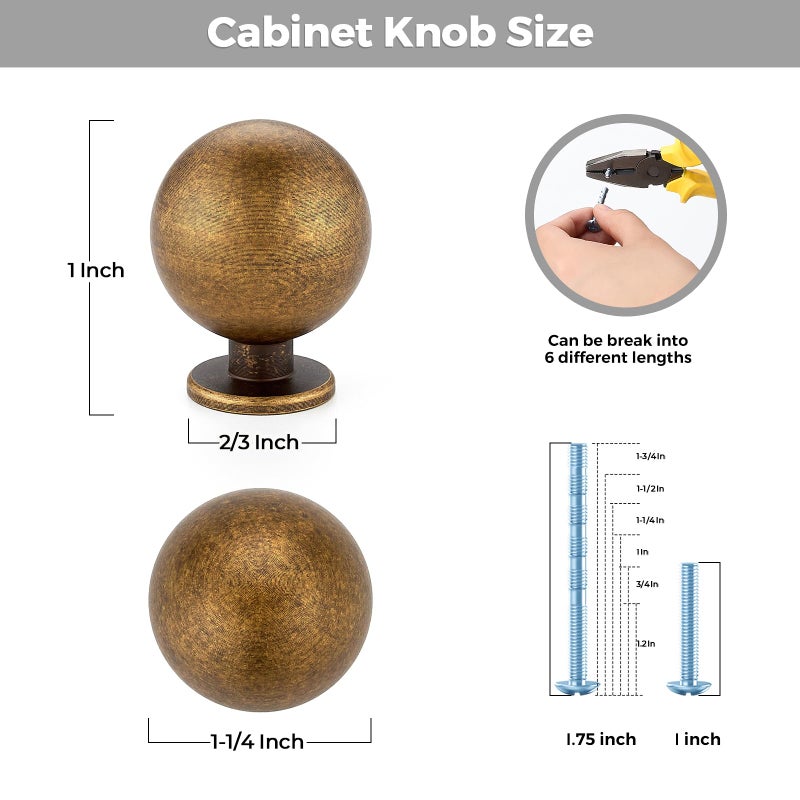 Ravinte Decor 12 Pack Antique Brass Cabinet Knobs, Round Ball Drawer Knobs for Cabinets and Dressers, 1" Diameter - Image 3