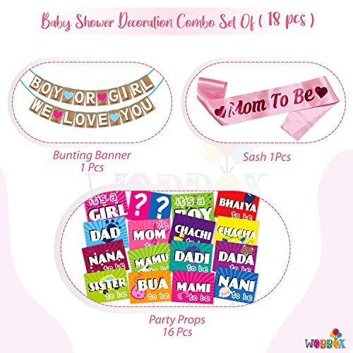 WOBBOX Baby Shower Combo of Party Props 16 Pcs & Jute Style Boy Or Girl We Love You Bunting Banner, with Mom to be Light Pink Sash, Baby Shower Decoration Item (Pack of 3) - Image 2