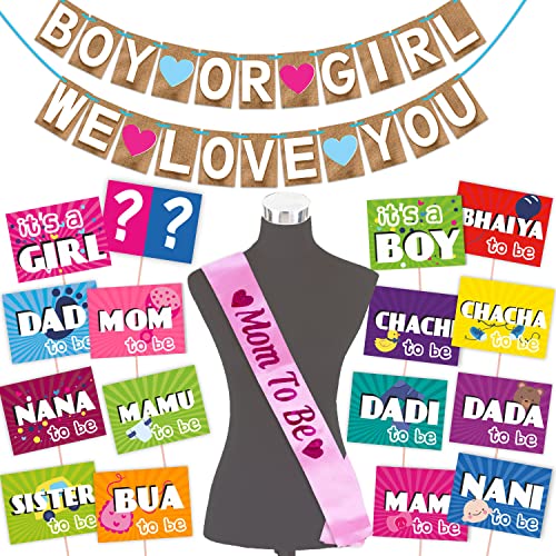WOBBOX Baby Shower Combo of Party Props 16 Pcs & Jute Style Boy Or Girl We Love You Bunting Banner, with Mom to be Light Pink Sash, Baby Shower Decoration Item (Pack of 3) - Image 1