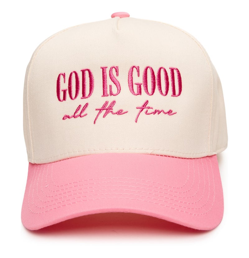 Funky Junque Two-Tone Canvas Snapback Baseball Cap - God is Good All The Time - Pink/Beige - Image 1