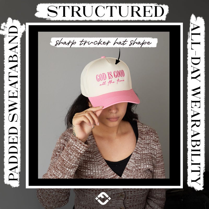 Funky Junque Two-Tone Canvas Snapback Baseball Cap - God is Good All The Time - Pink/Beige - Image 4