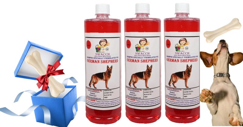 swacch Shampoo | Puppy Safe Shampoo | German Shepherd Dog Shampoo (1 Litre) (Pack of 3) Strawberry + Large White Bone | Dog Chew Bones | Teething chew Toy | Dental Teething |Combo Pack - Image 1