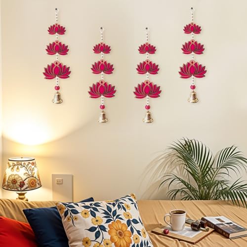 Party Propz 3 Tier Pink Lotus Hangings for Decoration with Decorative Bell - 4pcs, 20inch, Mandir Decorations Items, Lotus Latkan for Home Decorations, Haldi Decoration Items for Home Decor (MDF) - Image 5