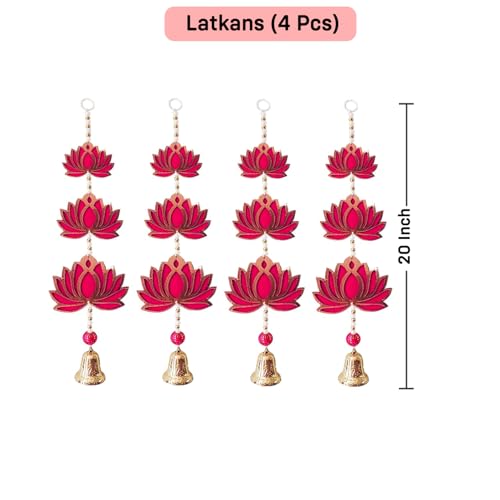 Party Propz 3 Tier Pink Lotus Hangings for Decoration with Decorative Bell - 4pcs, 20inch, Mandir Decorations Items, Lotus Latkan for Home Decorations, Haldi Decoration Items for Home Decor (MDF) - Image 2