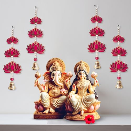 Party Propz 3 Tier Pink Lotus Hangings for Decoration with Decorative Bell - 4pcs, 20inch, Mandir Decorations Items, Lotus Latkan for Home Decorations, Haldi Decoration Items for Home Decor (MDF) - Image 4