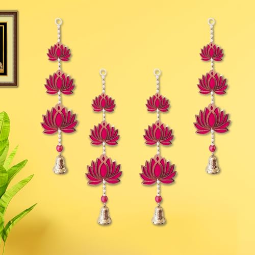 Party Propz 3 Tier Pink Lotus Hangings for Decoration with Decorative Bell - 4pcs, 20inch, Mandir Decorations Items, Lotus Latkan for Home Decorations, Haldi Decoration Items for Home Decor (MDF) - Image 1