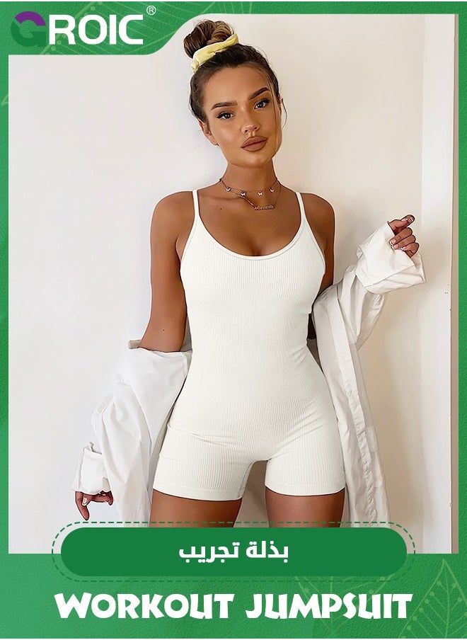 GROIC - Women's Jumpsuit Yoga Ribbed One Piece Spaghetti Strap Shorts Romper, Yoga Romper Workout Ribbed One Piece Seamless Tank Top Jumpsuit, Seamless Tank Top Jumpsuit - Image 1