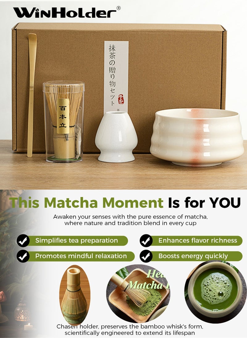 وين هولدر طقم ماتشا مكون من 4 قطع، أداة شاي تقليدية مصنوعة يدوياً مع وعاء سيراميك ومغرفة ومضرب ماتشا من الخيزران وحامل - Image 1