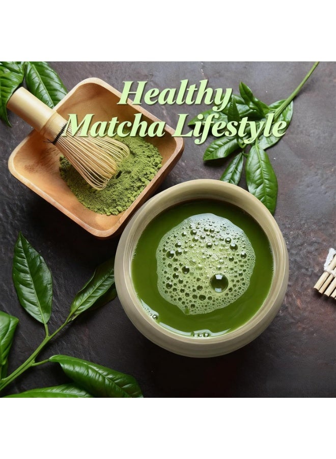 وين هولدر طقم ماتشا مكون من 4 قطع، أداة شاي تقليدية مصنوعة يدوياً مع وعاء سيراميك ومغرفة ومضرب ماتشا من الخيزران وحامل - Image 5