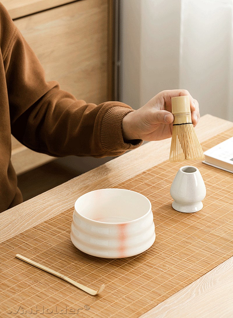 وين هولدر طقم ماتشا مكون من 4 قطع، أداة شاي تقليدية مصنوعة يدوياً مع وعاء سيراميك ومغرفة ومضرب ماتشا من الخيزران وحامل - Image 3