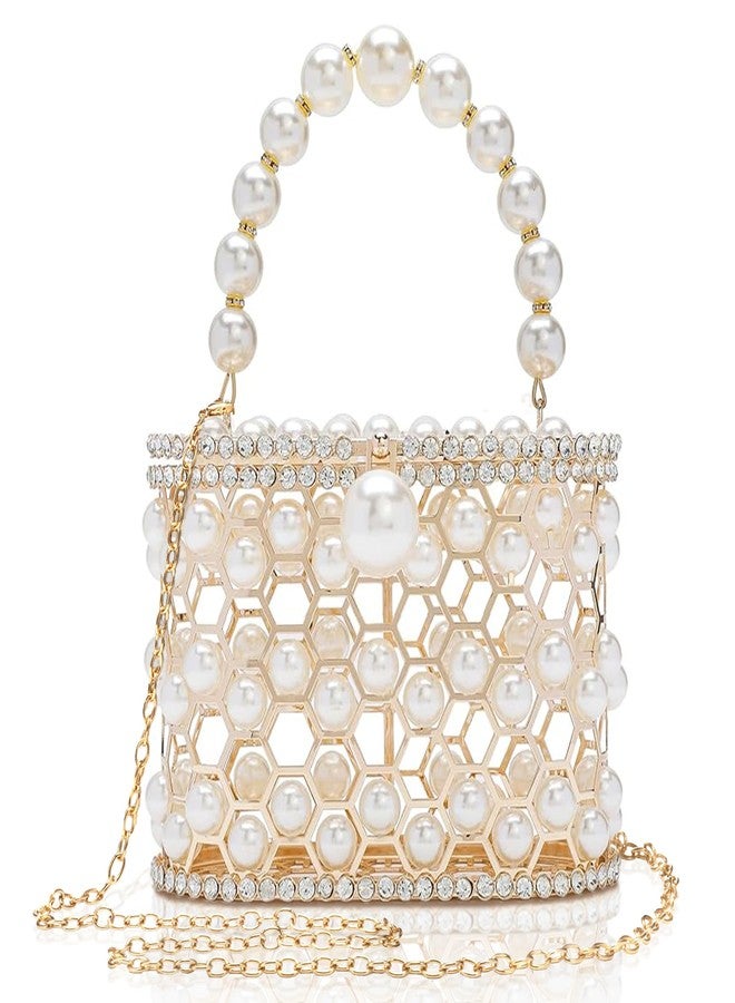 CARIEDO Evening Handbag Women Clutch Purses with Pearl Diamonds for Wedding Prom Birthday Party Dinner Accessories, White, Medium, Classic Diamond Handbag Evening Clutch - Image 1