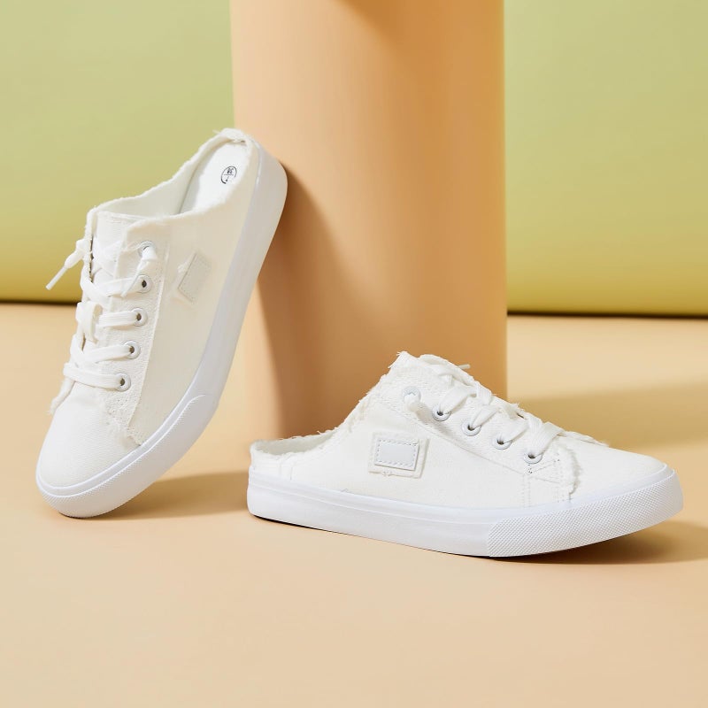 BENPAO Womens Canvas Mules White Slip on Fashion Sneakers Black Loafers Comfortable Casual Shoes for Women(White,US7) - Image 3