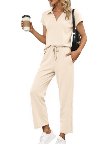 Glamaker Womens 2 Piece Summer Outfit Lounge Set Cap Sleeve Polo Top And Pant Set Tracksuit Travel Matching Outfit 2025(Apricot,Medium) - Image 1