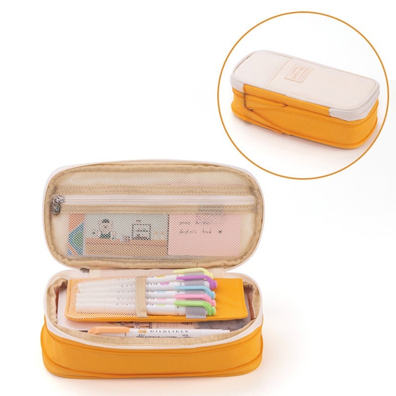 Cute Pencil Pouch: Yellow&Beige High-quality Canvas, Expandable Design - Large Capacity Lightweight Carry for Elementary and Junior School Students - Image 1