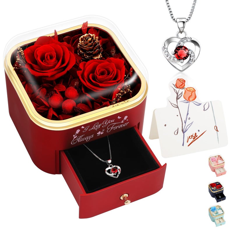 minstely Preserved Roses Jewelry Box with Heart Necklace Eternal Rose I Love You Always Forever Engraving Luxury Gift for Mom Wife or Grandma on Mothers Day