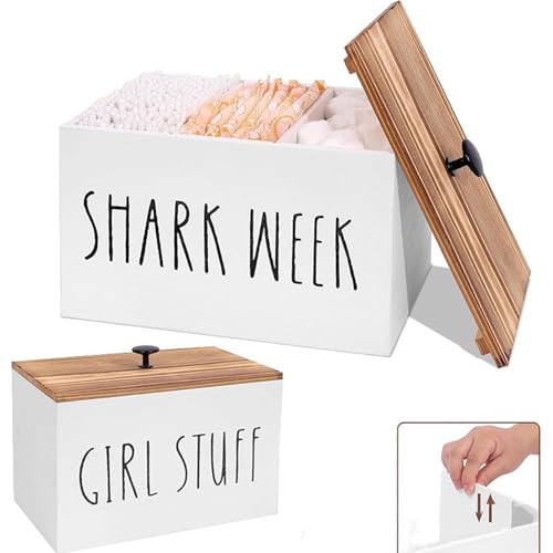 LONG TAO Tampon Holder Tampon Organizer Rustic Wood Bathroom Storage Bin with Lid Movable Partition Storage Container with 3 Compartment Feminine Product Wood Tampon Dispenser (White) - Image 1