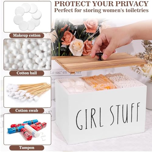 LONG TAO Tampon Holder Tampon Organizer Rustic Wood Bathroom Storage Bin with Lid Movable Partition Storage Container with 3 Compartment Feminine Product Wood Tampon Dispenser (White) - Image 5