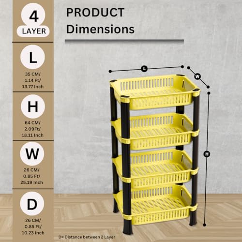 FOROLY 4-Layer Multipurpose Plastic Kitchen Storage Rack | Vegetable Basket Organizer | Stackable Storage Stand for Home, Pantry, Bathroom, Office – Durable Space-Saving Shelf (Yellow) - Image 2