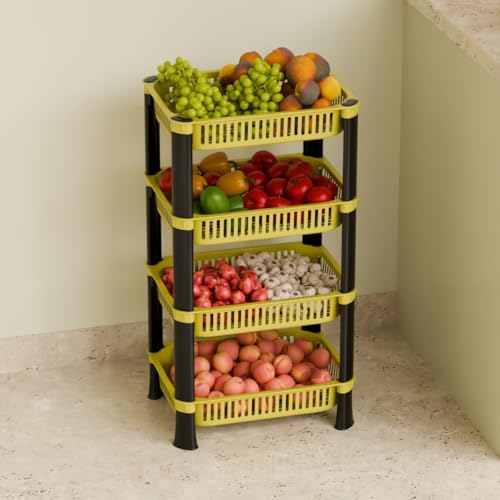 FOROLY 4-Layer Multipurpose Plastic Kitchen Storage Rack | Vegetable Basket Organizer | Stackable Storage Stand for Home, Pantry, Bathroom, Office – Durable Space-Saving Shelf (Yellow) - Image 1