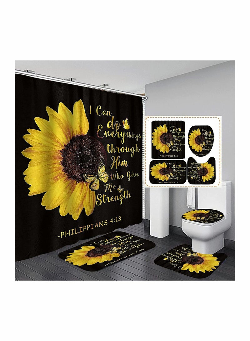 SYOSI Sunflower Shower Curtain Sets,Quotes Butterfly Bathroom Decor Sets with Rugs Include Waterproof Shower Curtain Non-Slip Rug Toilet Lid Cover Bath Mat 4pcs - Image 1