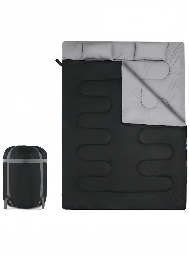 GGEROU Camping Double Sleeping Bag, Sleeping Bag with 2 Pillows, for All Seasons, Camping, Hiking, Backpacking, 2 Person Sleeping Bags for Cold and Warm Weather Black 220x150cm - Image 1