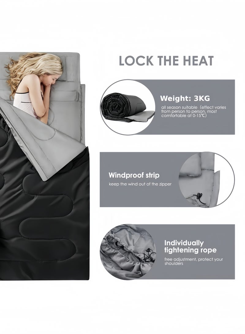 GGEROU Camping Double Sleeping Bag, Sleeping Bag with 2 Pillows, for All Seasons, Camping, Hiking, Backpacking, 2 Person Sleeping Bags for Cold and Warm Weather Black 220x150cm - Image 5