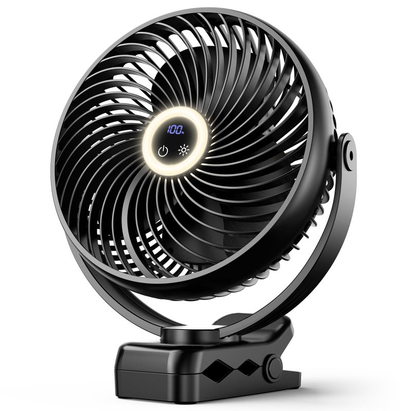 Koonie 10000mAh Portable Clip on Fan with LED Lantern and Hook 8 Battery Operated Desk Fan Quiet Camping Fan with LED Digital Display 360 Rotation  3 Speeds for Travel Tent Gym Treadmill