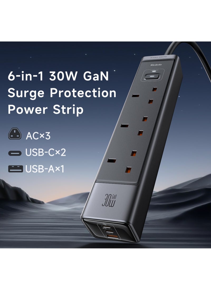 MCDODO 6-in-1 30W GaN Power Strip PD Fast Charging Surge Overheat Overcurrent Protection 2 USB-C 1 USB-A Ports 3 AC Outlets Multi-Device Compatibility 2M Extension Cord Black - pzsku/ZE694422AC21B897BC735Z/45/_/1731065320/ee190156-643e-4152-8051-8075e16e9ae6