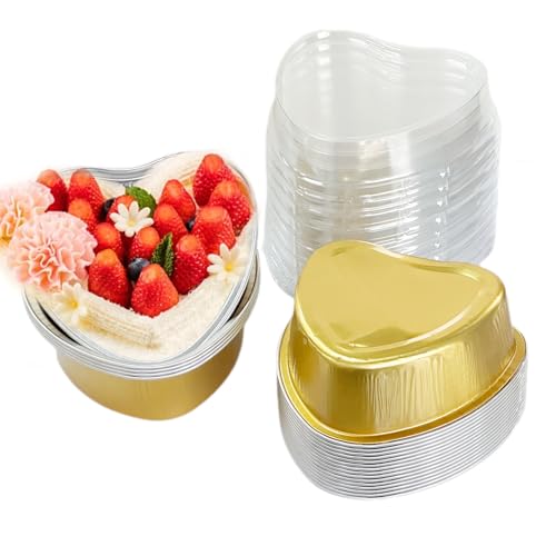 IVICOO Mini Cake Pans With Lids,Heart Shaped Cake Pans,20 Pcs 3.7oz/110ml Aluminum Foil Mini Disposable Heart Shaped Containers for Mother'S Day, Weddings and Birthdays Party (Golden) - Image 1
