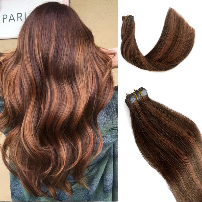 Human Hair Tape in Extensions Balayage Medium Brown and Medium Auburn Invisible Highlights Remy Hair Extensions 40grams 20pcs Skin Weft Brown Tape Hair Extensions for Women 18