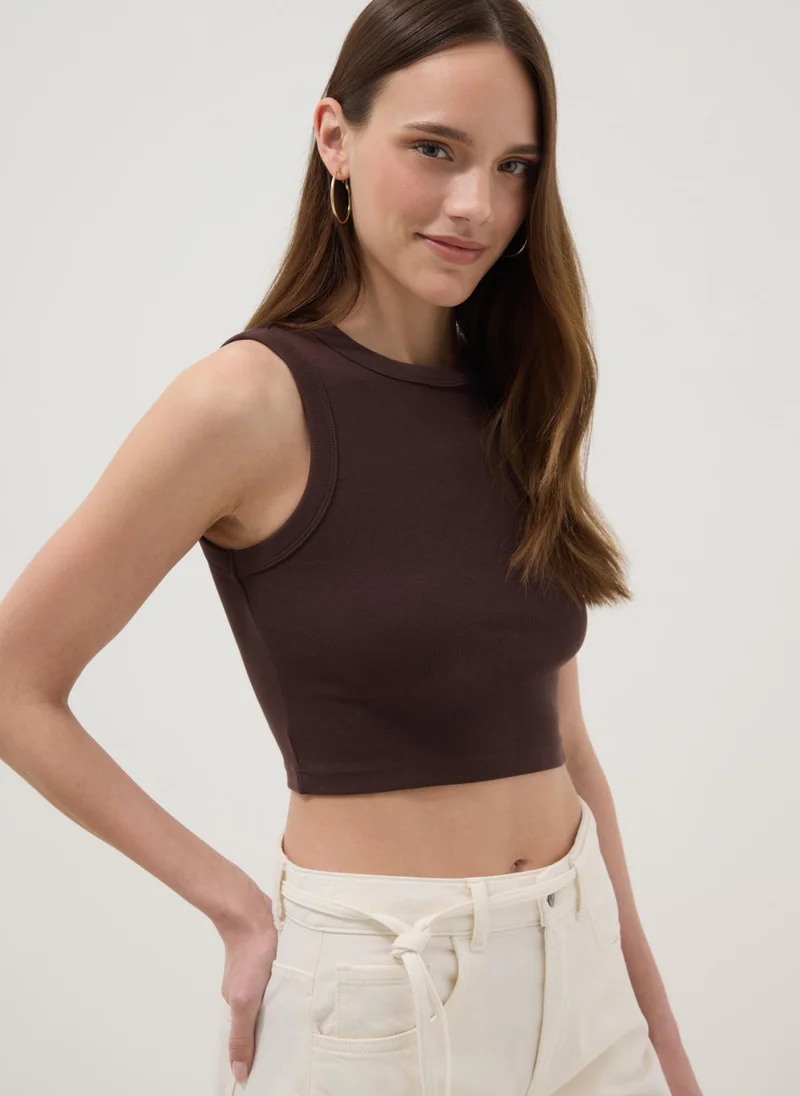 Ovs OVS Brown Cotton-Stretch Cropped Tank Top