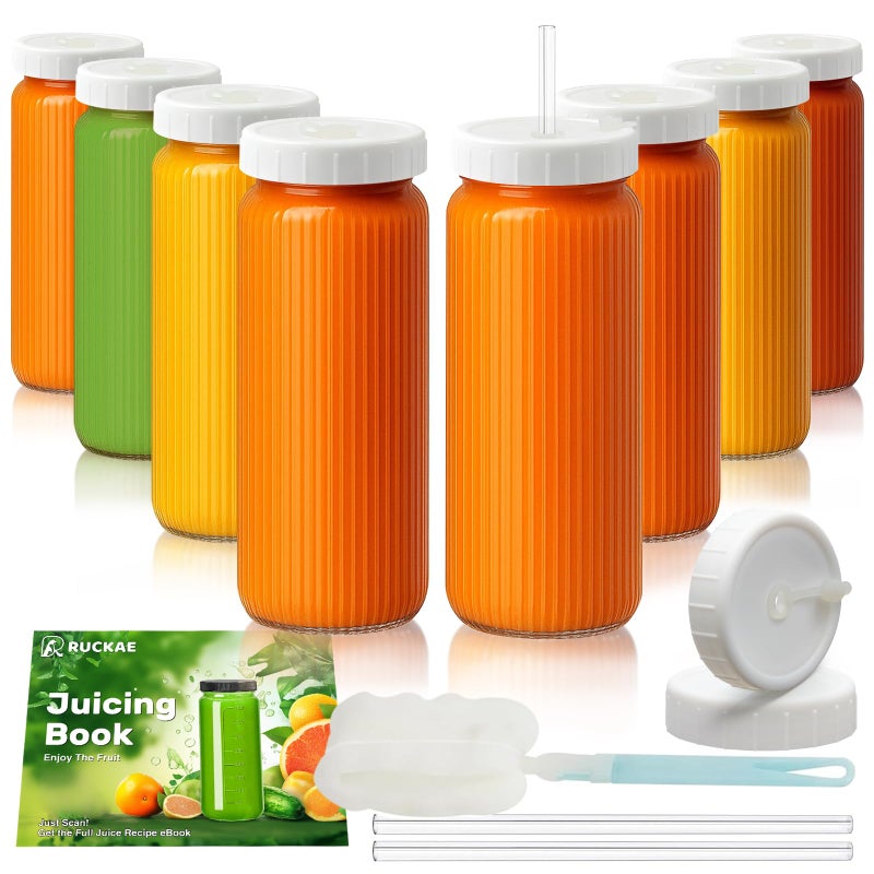Ruckae 16oz Juice Bottles,Ribbed Glass Juicing Bottles with Lids,Smoothie Cup Lids and Straws,Water Bottle Mason Jar Drinking Glasses for Juicing,Smoothies,Kombucha (Clear-8 pack) - Image 1