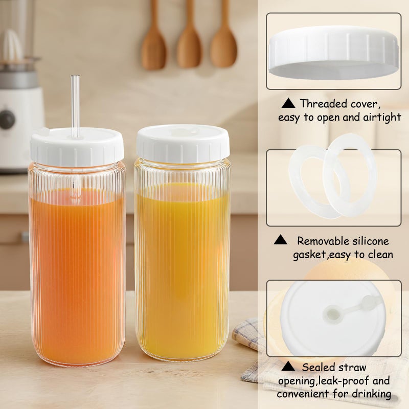 Ruckae 16oz Juice Bottles,Ribbed Glass Juicing Bottles with Lids,Smoothie Cup Lids and Straws,Water Bottle Mason Jar Drinking Glasses for Juicing,Smoothies,Kombucha (Clear-8 pack) - Image 3