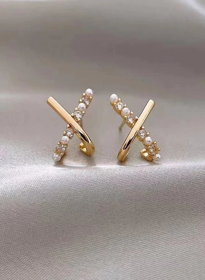 تايك تو Cross X-Shape Pearl Stud Earrings