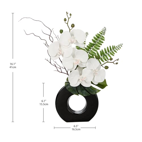 Briful Orchid Fake Flowers 16.1'' White Artificial Orchid Silk Flowers in Black Pot Faux Orchid Arrangement for Home Office Desk Modern Decoration - Image 2