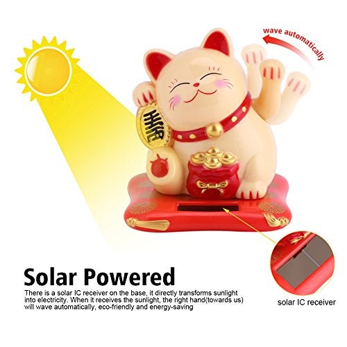 Zerodis Fortune Lucky Welcoming Cat Solar Powered Cute Cat with Waving Arm Home Display Car Decor(Yellow) - Image 3