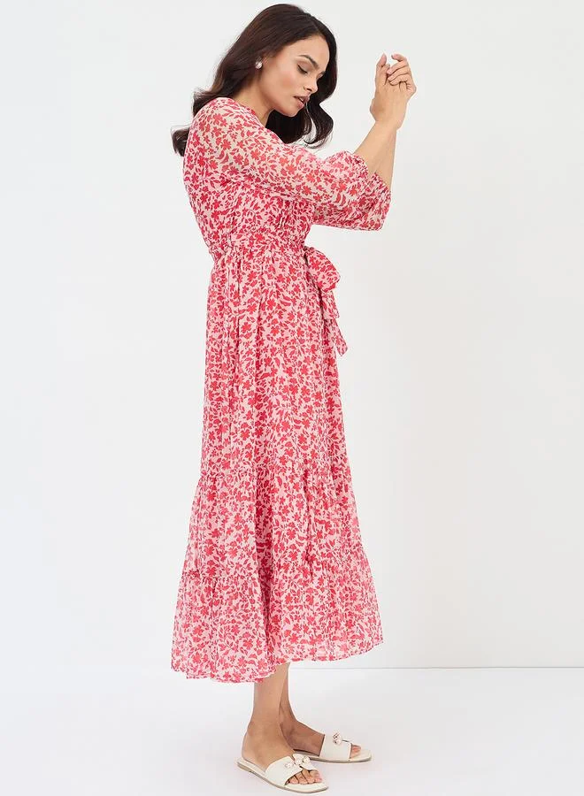 Femmella Floral Print Waist Tie Tiered Maxi Dress