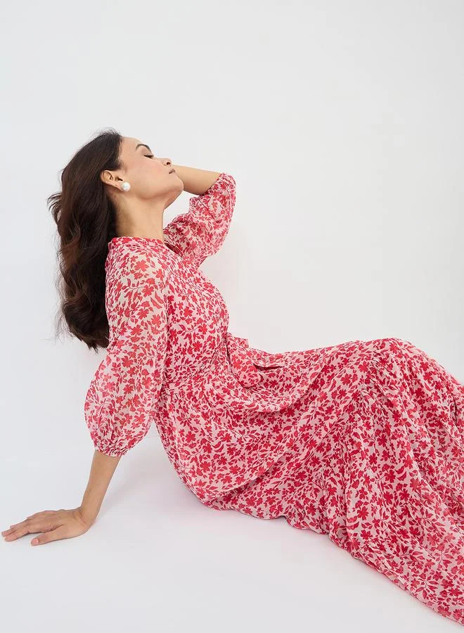 Femmella Floral Print Waist Tie Tiered Maxi Dress