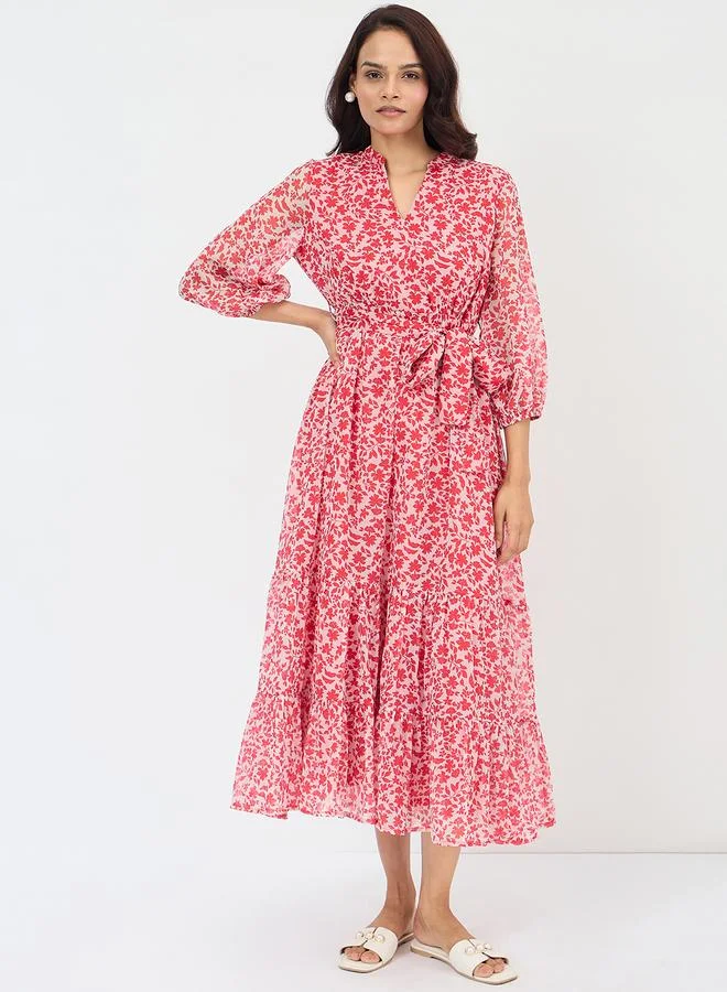 Femmella Floral Print Waist Tie Tiered Maxi Dress