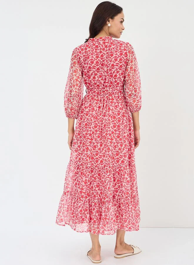 Femmella Floral Print Waist Tie Tiered Maxi Dress