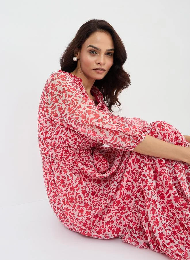 Femmella Floral Print Waist Tie Tiered Maxi Dress