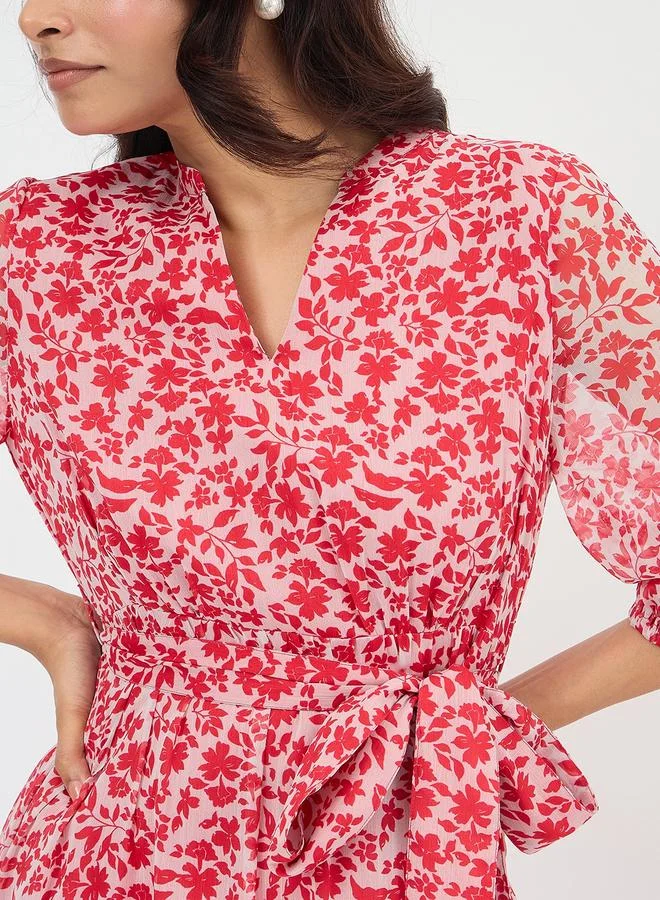 Femmella Floral Print Waist Tie Tiered Maxi Dress