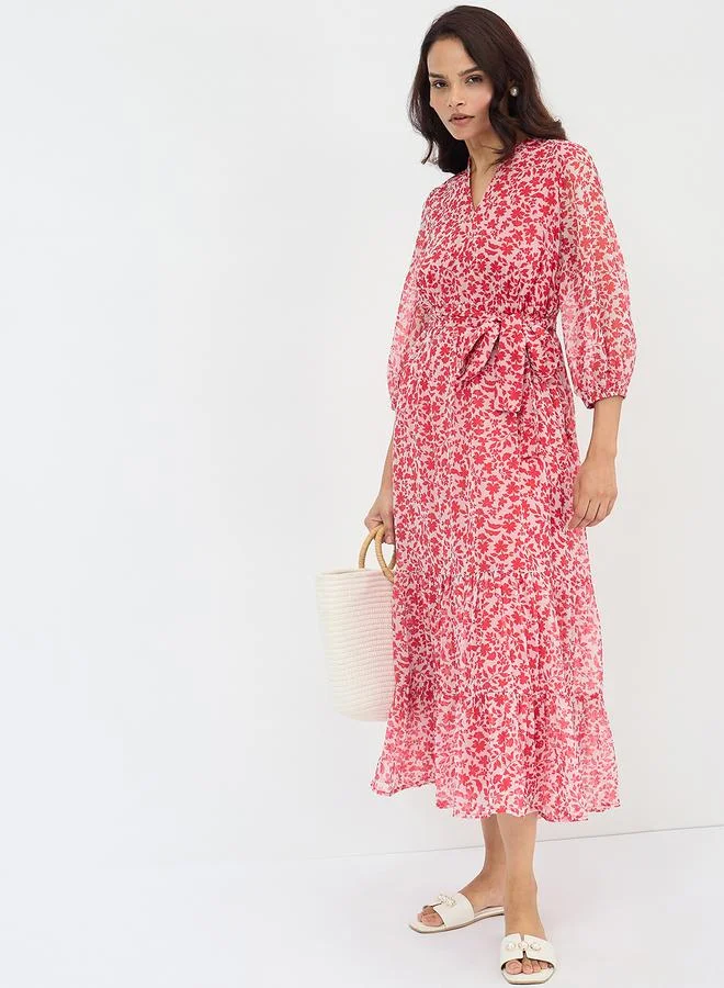 Femmella Floral Print Waist Tie Tiered Maxi Dress