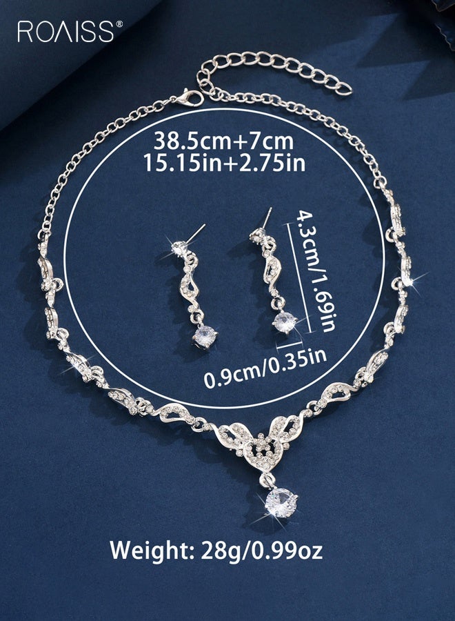 roaiss Women's Zircon and Diamond Jewelry Set Ladies Highend Versatile Dress Accessories Bridal Wedding Necklace and Earrings Two-Piece Set for Formal Events Silver - Image 2