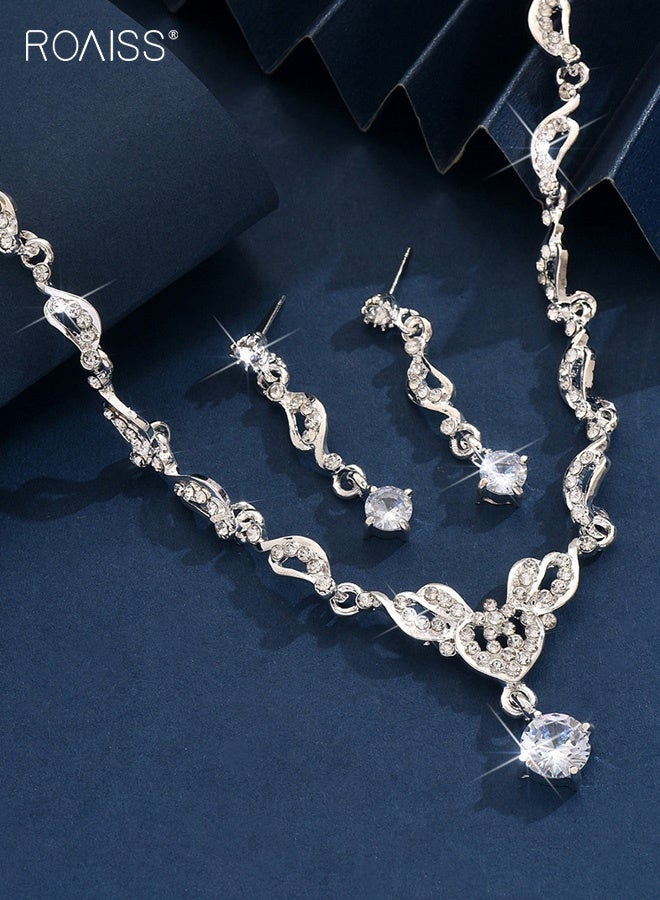 roaiss Women's Zircon and Diamond Jewelry Set Ladies Highend Versatile Dress Accessories Bridal Wedding Necklace and Earrings Two-Piece Set for Formal Events Silver - Image 3